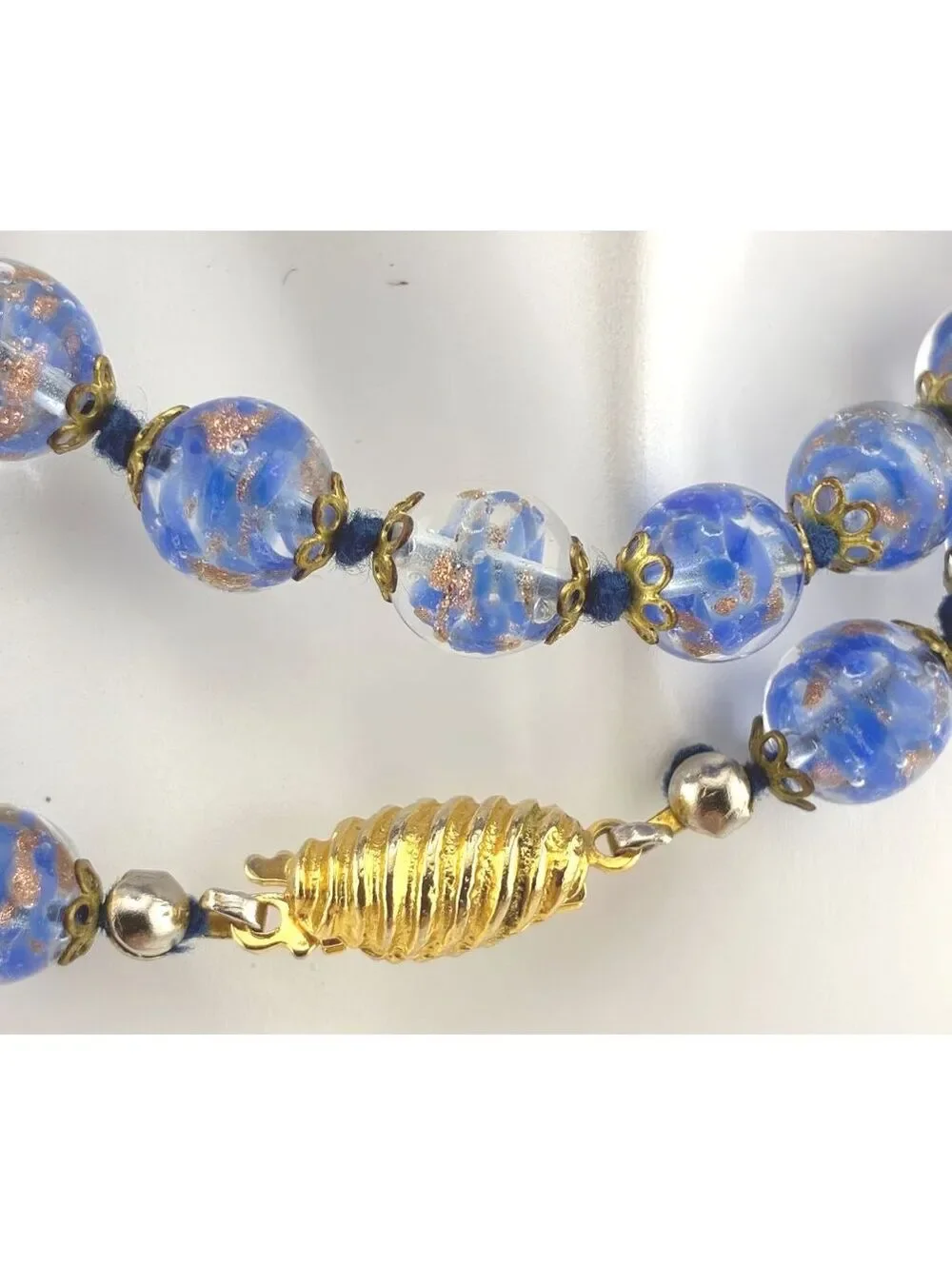 Vintage Blue Venetian Murano Glass Foil Beaded Necklace with Gold Tone Clasp 24